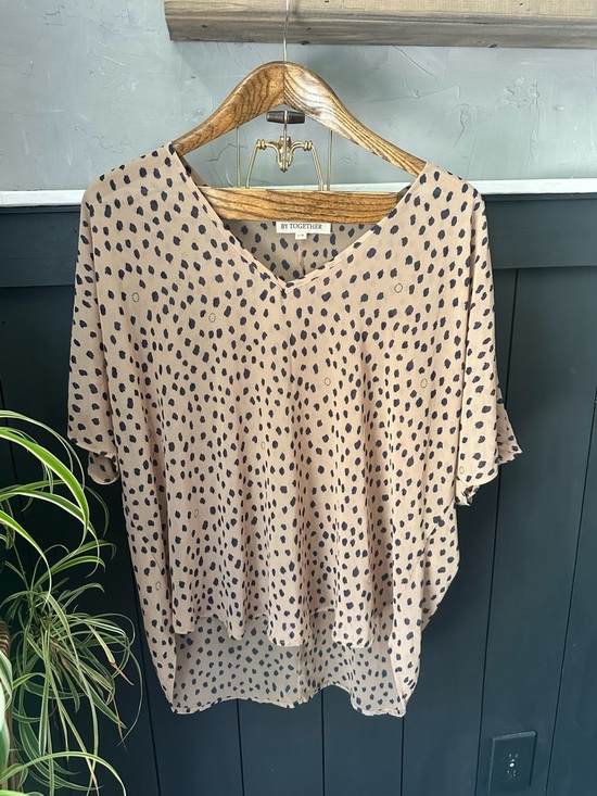 By Together Tops - By Together Taupe Black Semi Sheer Spot Print Blouse Size Large V-Neck Boho Top